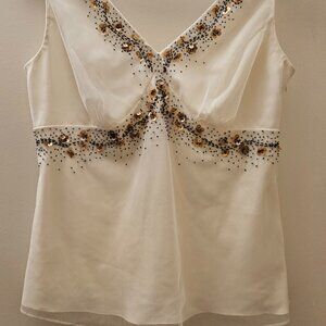 Very Vera Size L Cream V neck Blouse with Brown Sequins & Black Beads, lined